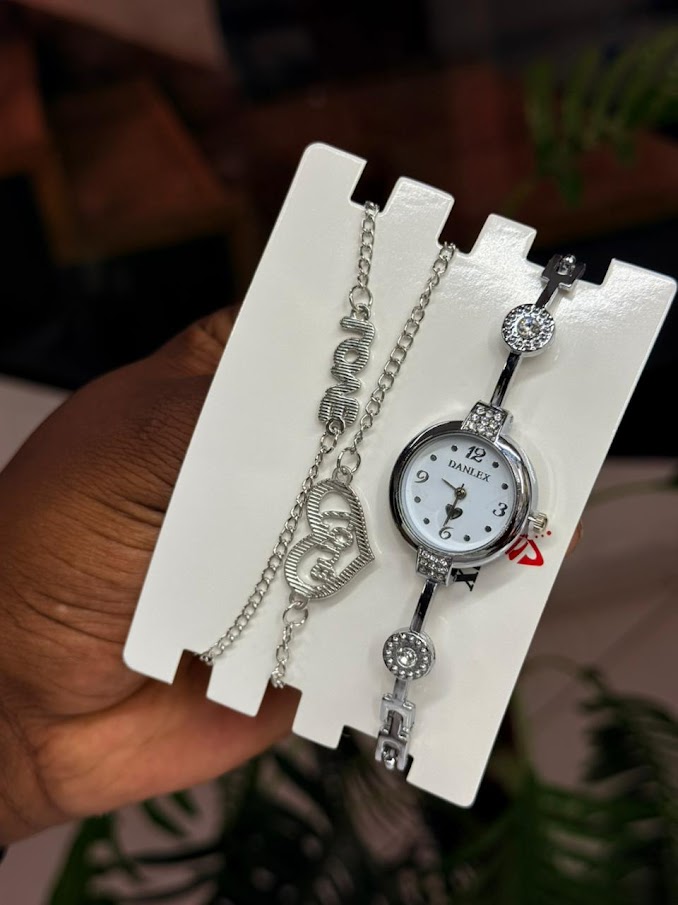 Ladies Round Dial Watch and Chain Set
