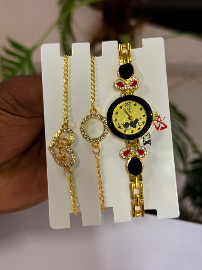 Ladies Gold Dial Watch and Chain Set (Black Accent)
