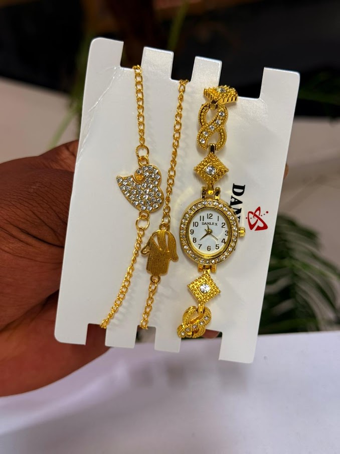 Ladies White Dial Watch and Chain Set