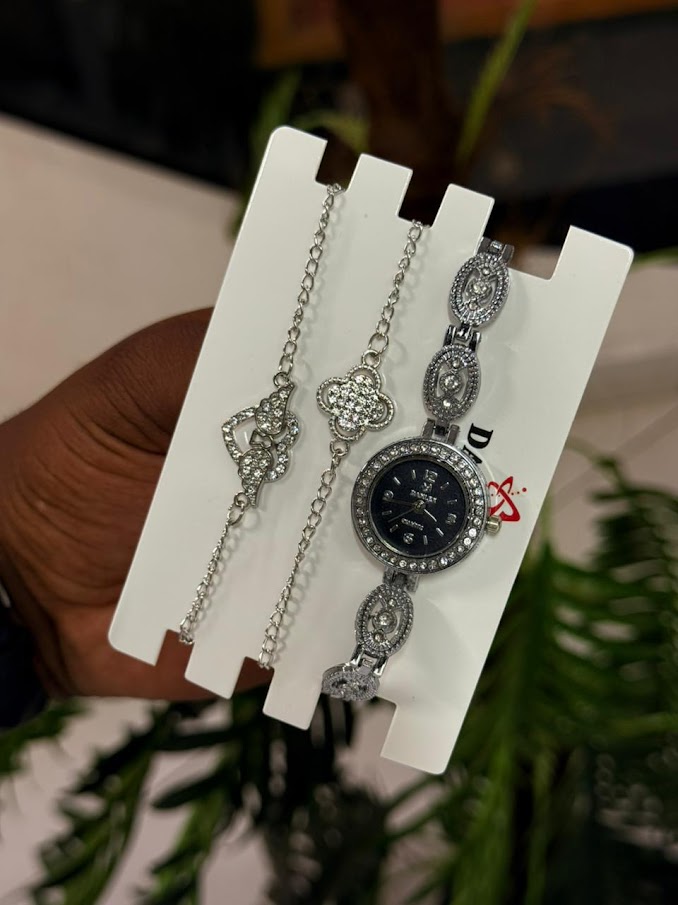 Ladies Dark Dial Watch and Chain Set