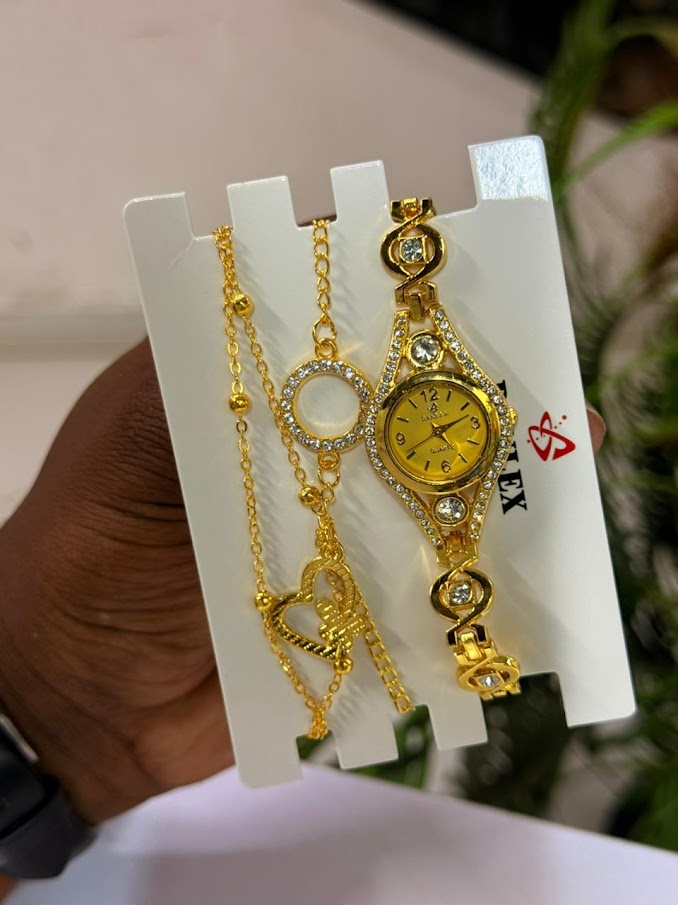  Ladies Gold Dial Watch and Chain Set (Round Dial)