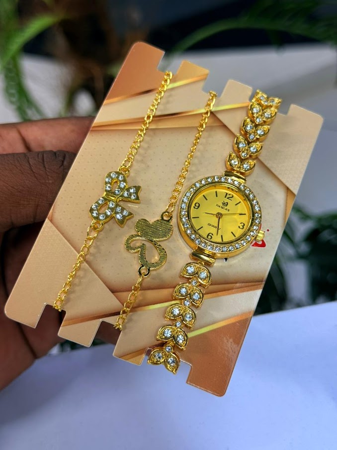 Ladies Yellow Dial Watch and Jewelry Chain Set