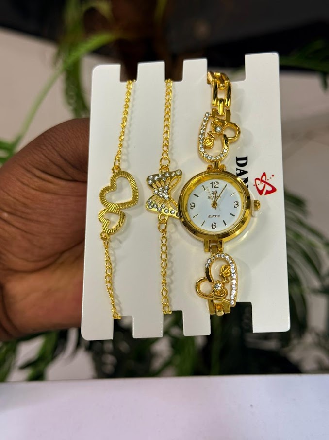 Ladies Gold Dial Watch and Chain Set (Heart Accent)