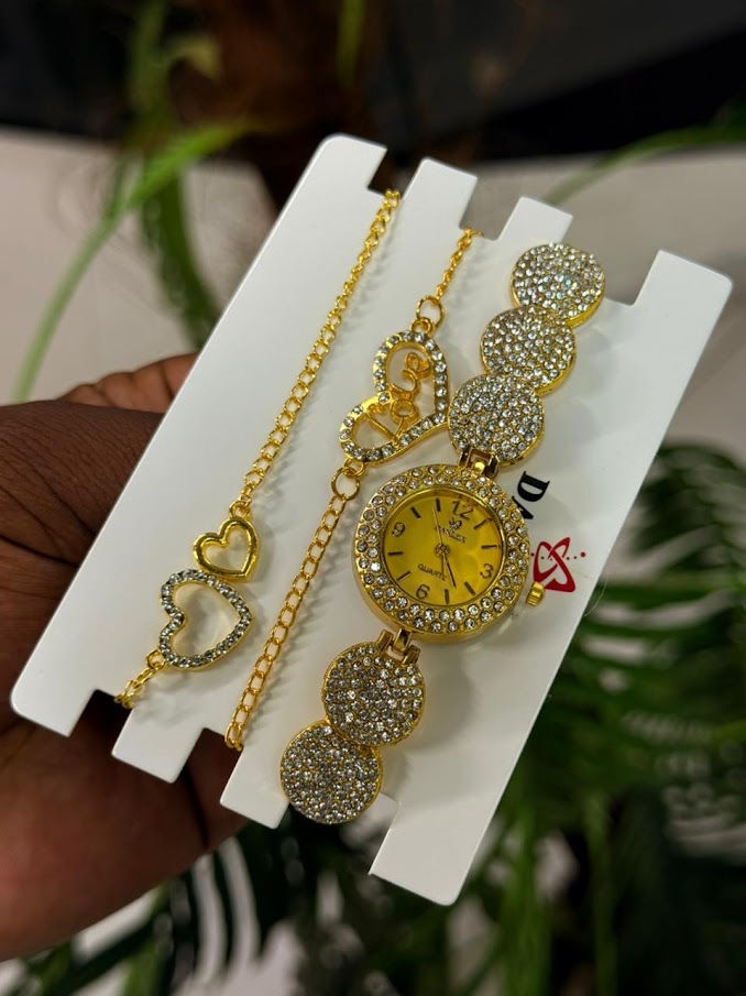 Ladies Gold Dial Watch and Jewelry Chain Set