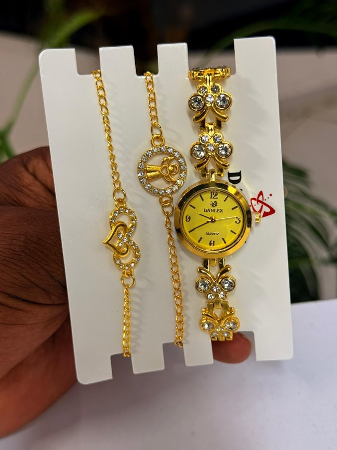 Ladies Yellow Dial Watch and Chain Set