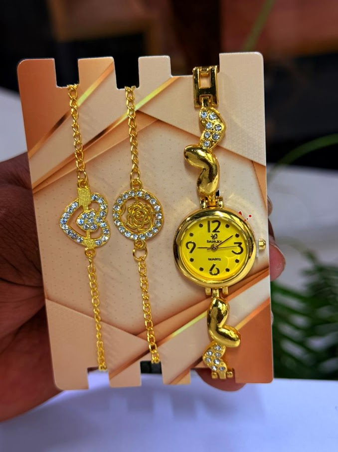 Ladies Yellow Dial Watch and Chain Set