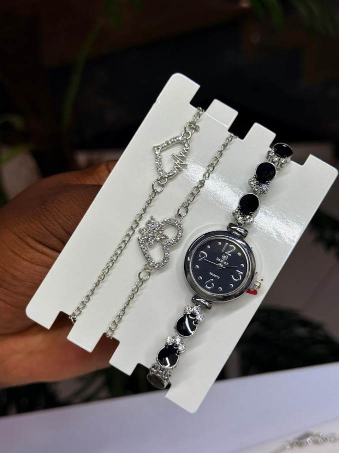 Ladies  Black Bead Watch and Chain Set